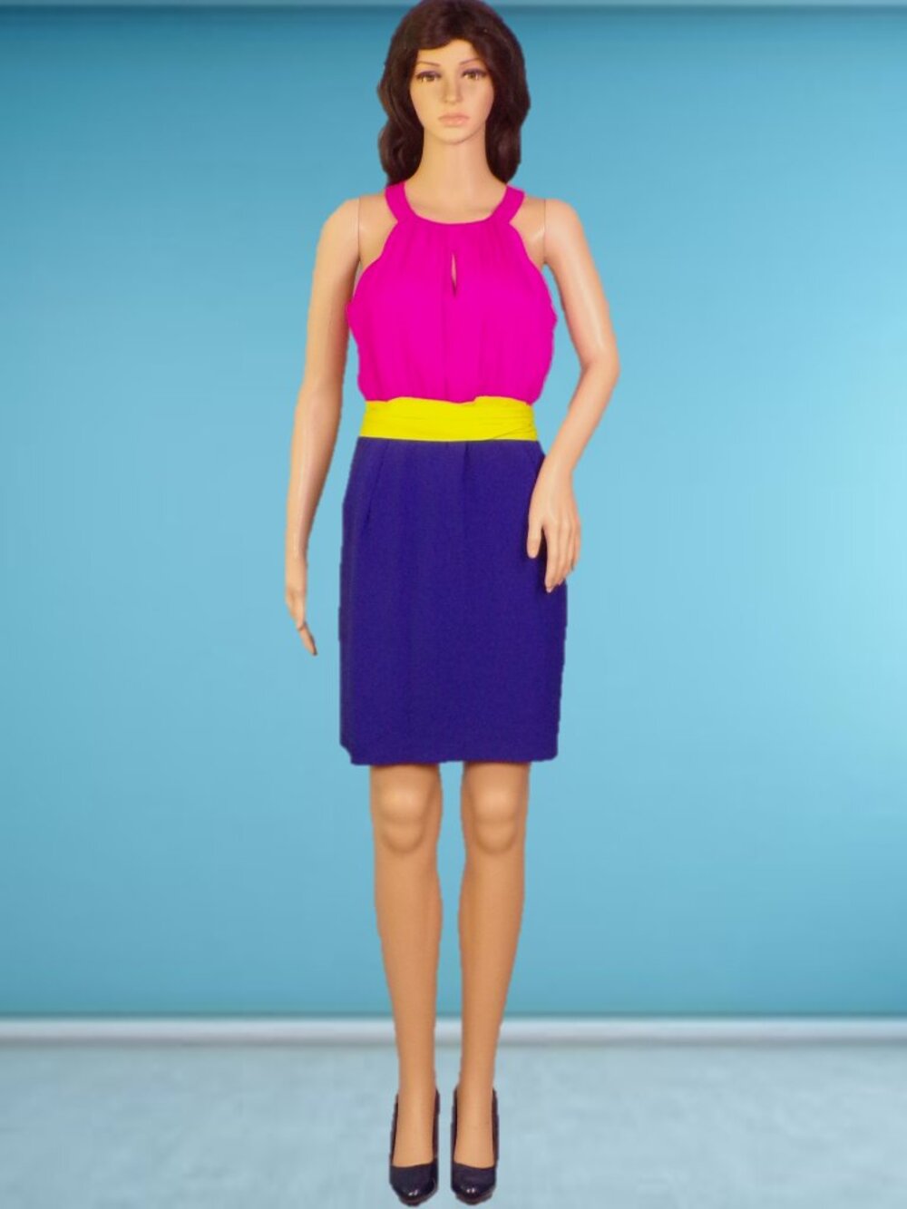 GIANNI BINI size 2 fuchsia/blue/yellow sleeveless sheath dress 100% polyester DC